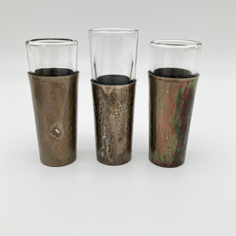 Vintage Mexican Metal Wrapped Shot Glasses Set of 3 Hecho en Mexico Barware